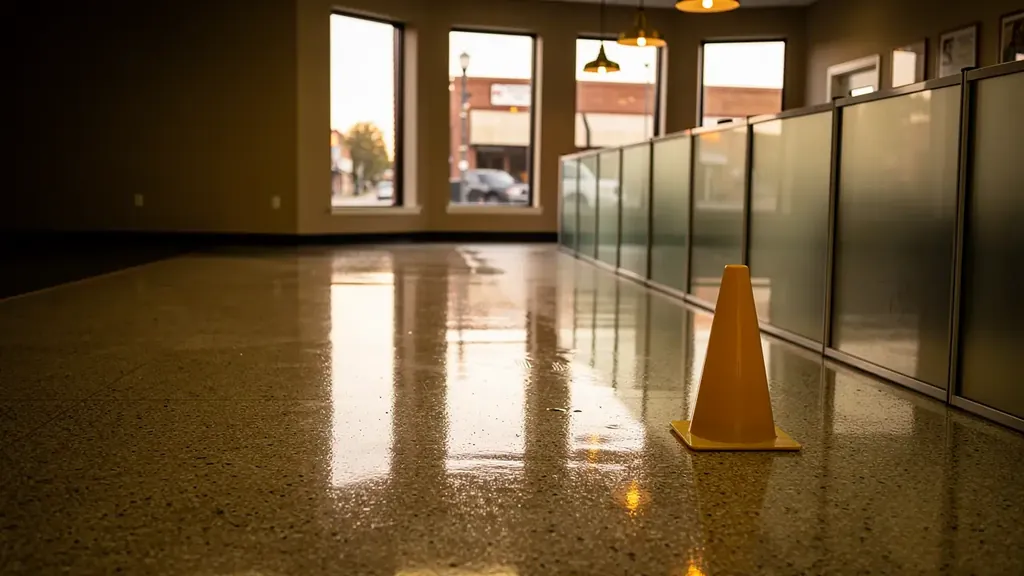 Bank lobby after closing with a freshly mopped terrazzo floor and a yellow caution cone