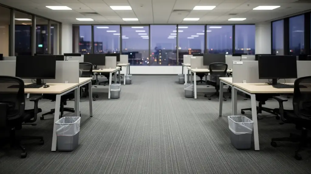 Open-plan office after hours with fresh vacuum lines in the carpet and desks wiped clear