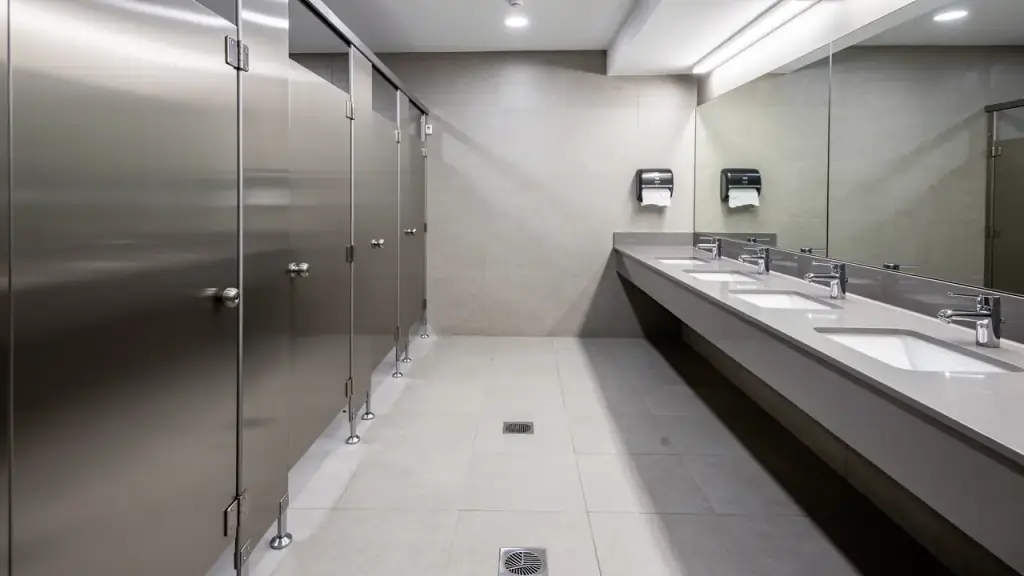 Office building restroom with streak-free stainless partitions and a freshly mopped tile floor