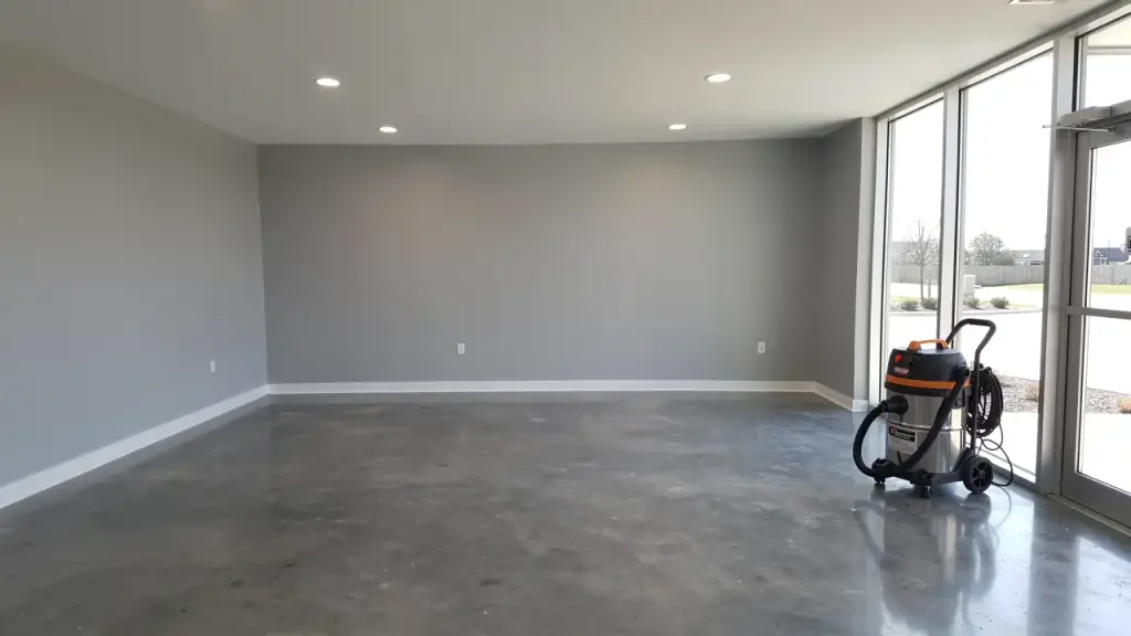 Newly finished commercial suite with stickers removed from the windows and a swept concrete floor